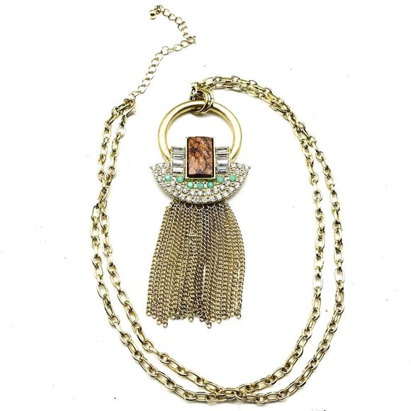 Statement Tassel Pendant Necklace Gold Tone Chain Geometric Boho Fashion Jewelry - Picture 2 of 10